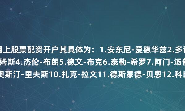 网上股票配资开户其具体为：1.安东尼-爱德华兹2.多诺万-米切尔3.杰伦-威廉姆斯4.杰伦-布朗5.德文-布克6.泰勒-希罗7.阿门-汤普森8.约什-哈特9.奥斯汀-里夫斯10.扎克-拉文11.德斯蒙德-贝恩12.科比-怀特13.戴森-丹尼尔斯14.杰伦-格林15.CJ-麦科勒姆16.安芬尼-西蒙斯17.谢登-夏普18.克里斯蒂安-布劳恩19.阿龙-威金斯20.泰-杰罗姆21.亚历克斯-卡鲁索22